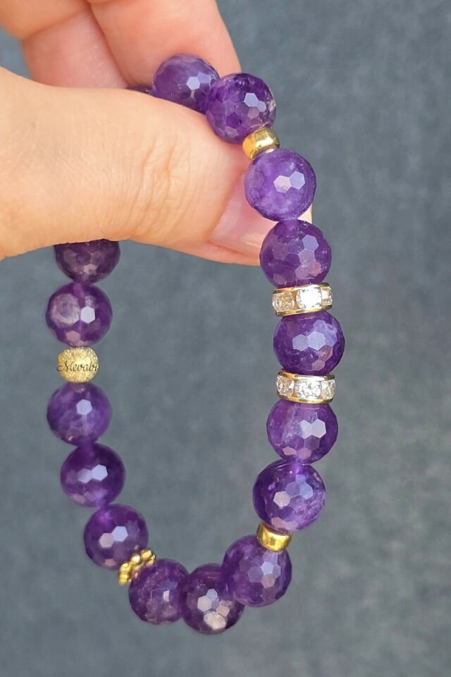 Zeren Ametist Doğal Taş Tasarım Bileklik-3 (925 Ayar Gümüş Üzeri 14K Altın Kaplama)