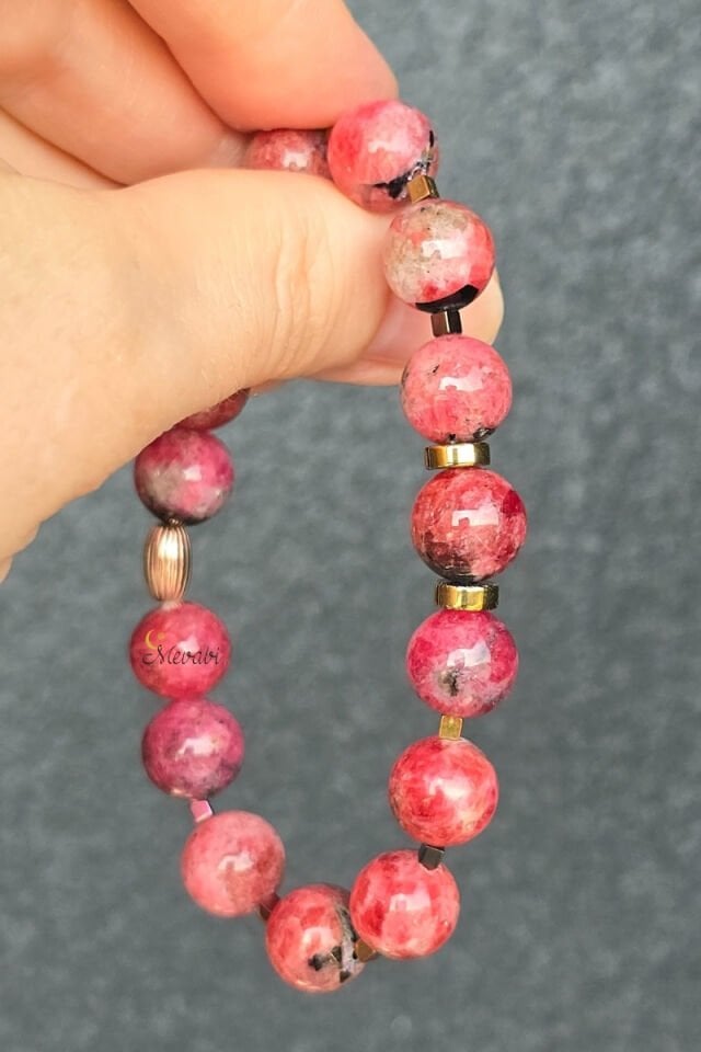 Behire Rodonit Doğal Taş Tasarım Bileklik-2 (925 Ayar Gümüş Üzeri 14K Altın Kaplama)