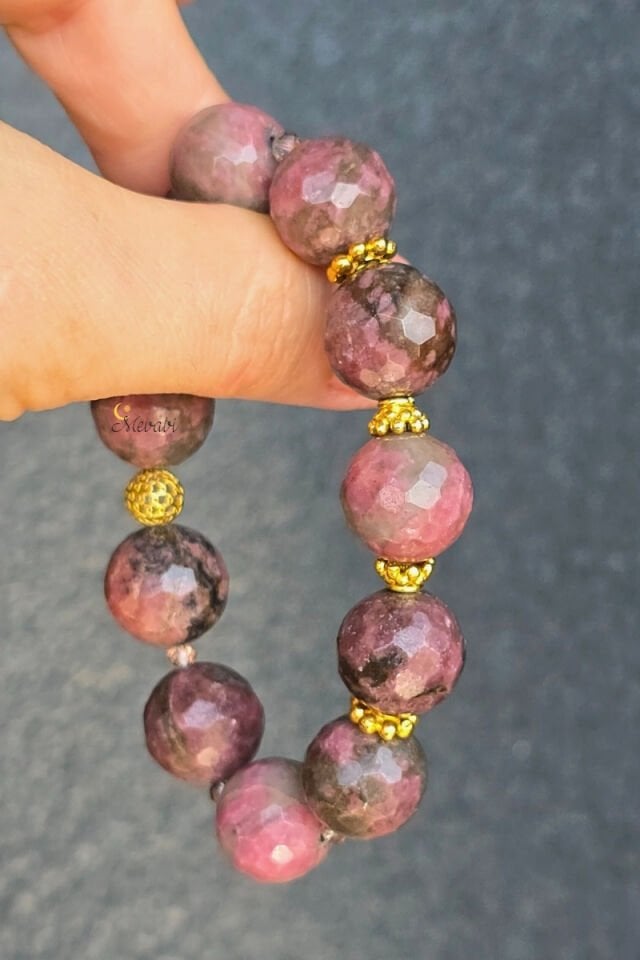 Behire Rodonit Doğal Taş Tasarım Bileklik-1 (925 Ayar Gümüş Üzeri Altın Kaplama)