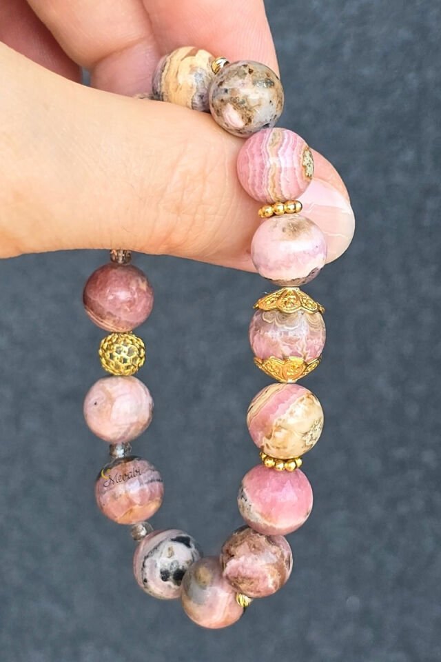 Dilruba Rodokrozit Doğal Taş Tasarım Bileklik-1 (925 Ayar Gümüş Üzeri 14K Altın Kaplama)