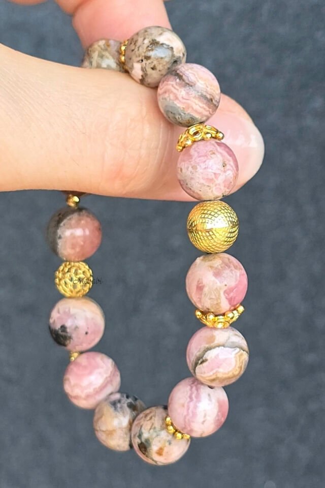 Dilruba Rodokrozit Doğal Taş Tasarım Bileklik-2 (925 Ayar Gümüş Üzeri 14K Altın Kaplama)