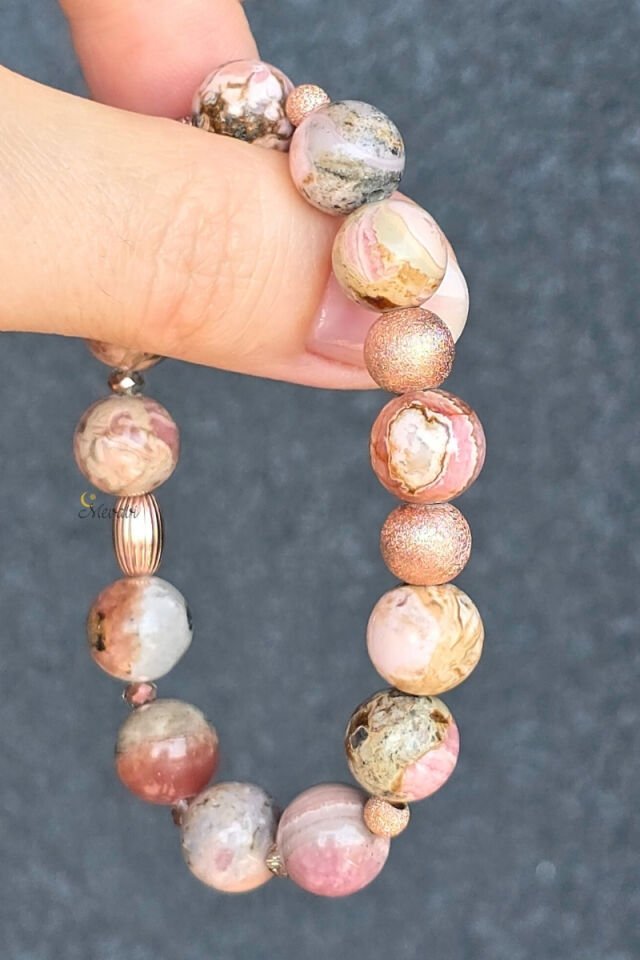 Dilruba Rodokrozit Doğal Taş Tasarım Bileklik-3 (925 Ayar Gümüş Üzeri Rose Kaplama)