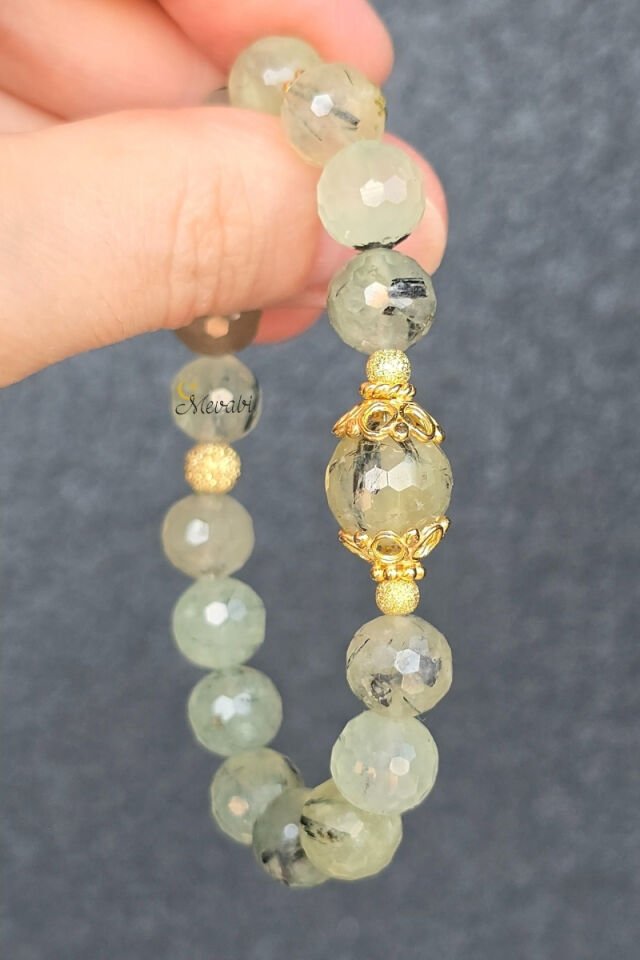 Sare Prehnite Doğal Taş Tasarım Bileklik-2 (925 Ayar Gümüş Üzeri 14K Altın Kaplama)