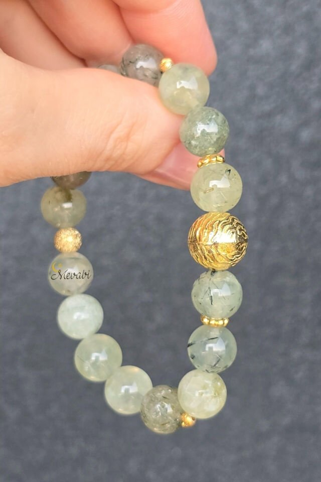 Sare Prehnite Doğal Taş Tasarım Bileklik-3 (925 Ayar Gümüş Üzeri 14K Altın Kaplama)