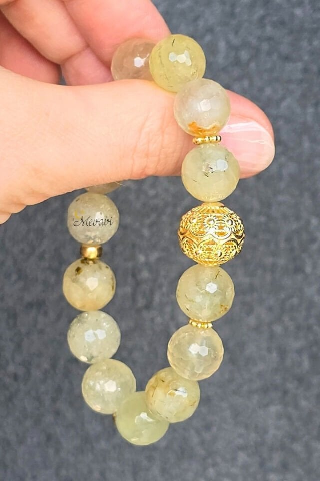 Sare Prehnite Doğal Taş Tasarım Bileklik-5 (925 Ayar Gümüş Üzeri 14K Altın Kaplama)