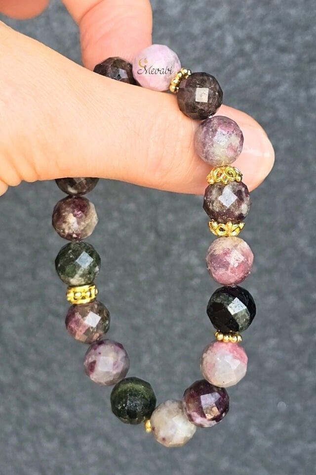 Alanur Turmalin Doğal Taş Tasarım Bileklik-1 (925 Ayar Gümüş Üzeri 14K Altın Kaplama)