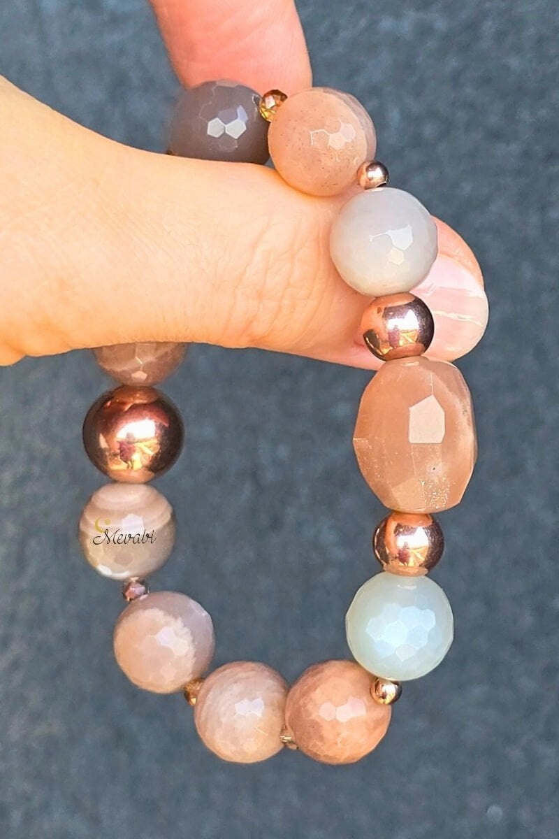 Hera Güneş Taşı Doğal Taş Tasarım Bileklik-1 (925 Ayar Gümüş Üzeri Rose Kaplama)