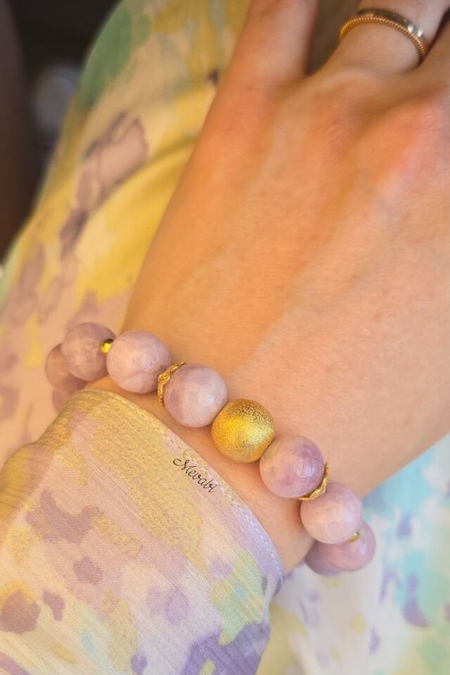 Birce Kunzit Doğal Taş Tasarım Bileklik-1 (925 Ayar Gümüş Üzeri 14K Altın Kaplama)