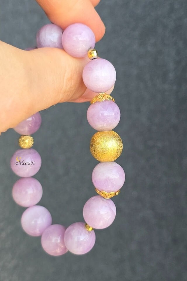 Birce Kunzit Doğal Taş Tasarım Bileklik-1 (925 Ayar Gümüş Üzeri 14K Altın Kaplama)