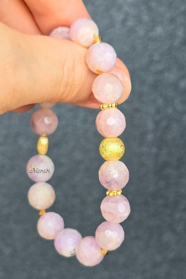 Birce Kunzit Doğal Taş Tasarım Bileklik-3 (925 Ayar Gümüş Üzeri 14K Altın Kaplama)