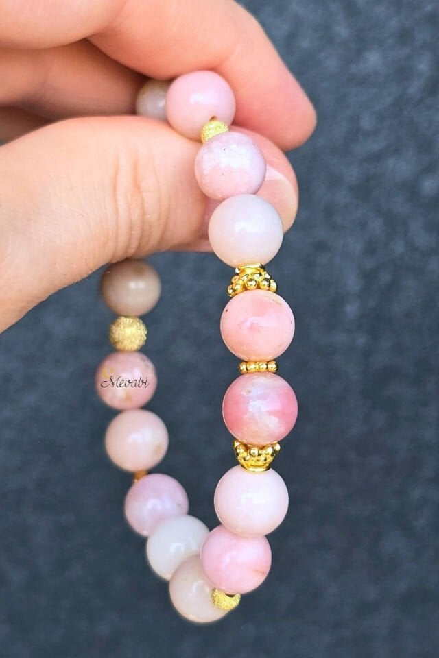 Gülfem Pembe Opal Doğal Taş Tasarım Bileklik-1 (925 Ayar Gümüş Üzeri 14K Altın Kaplama)