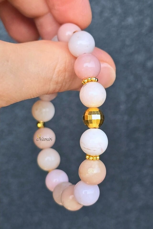 Gülfem Pembe Opal Doğal Taş Tasarım Bileklik-2 (925 Ayar Gümüş Üzeri 14K Altın Kaplama)