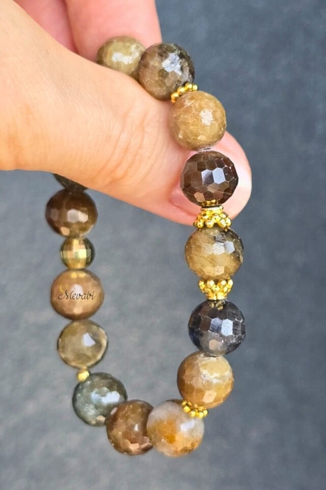 Hevin Safir Doğal Taş Tasarım Bileklik-1 (925 Ayar Gümüş Üzeri 14K Altın Kaplama)