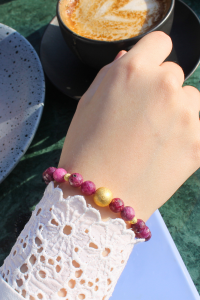 Ece Yakut Doğal Taş Tasarım Bileklik-1 (925 Ayar Gümüş Üzeri 14K Altın Kaplama)