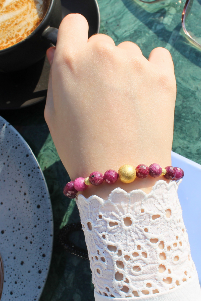 Ece Yakut Doğal Taş Tasarım Bileklik-1 (925 Ayar Gümüş Üzeri 14K Altın Kaplama)