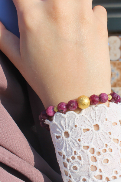 Ece Yakut Doğal Taş Tasarım Bileklik-1 (925 Ayar Gümüş Üzeri 14K Altın Kaplama)