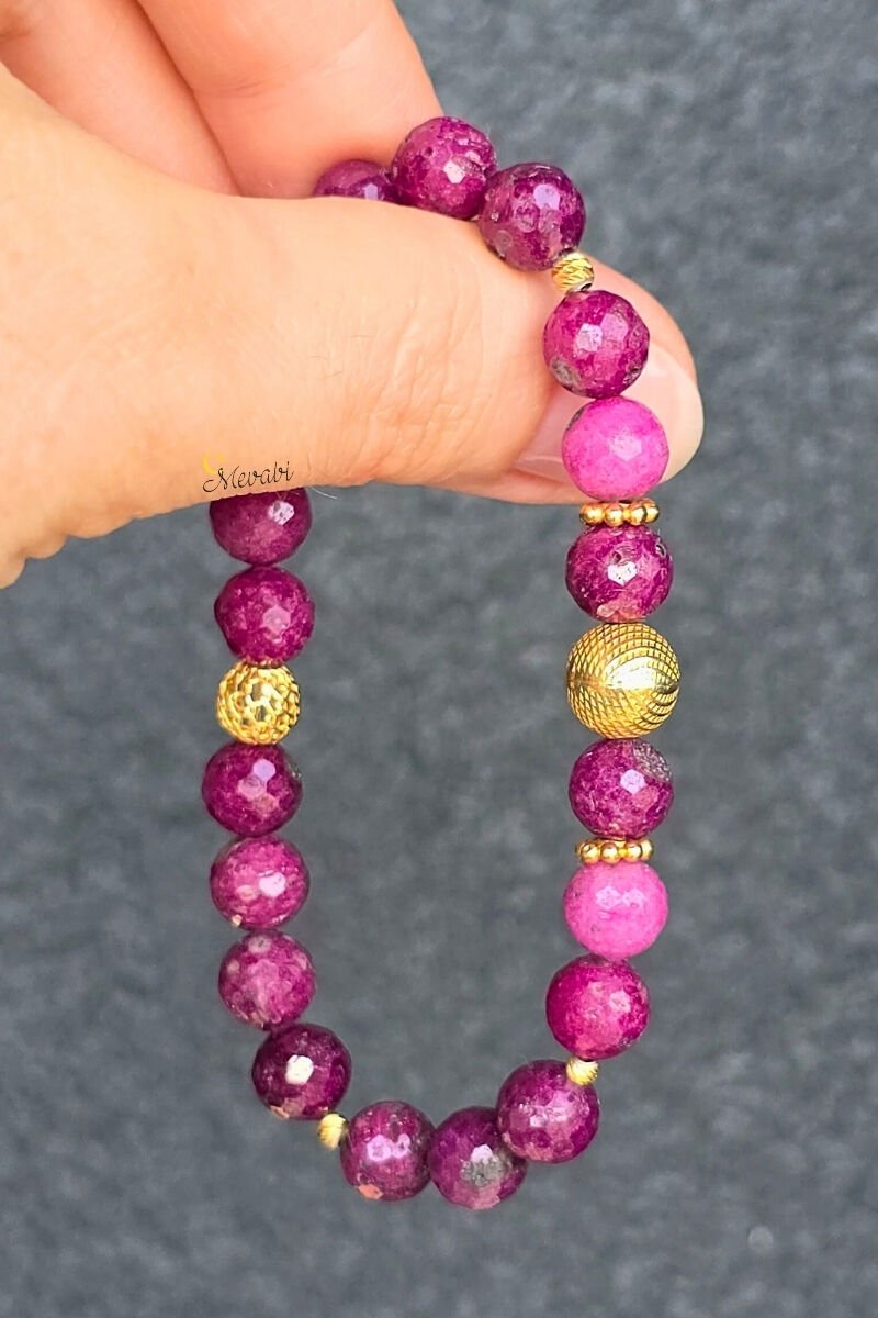 Ece Yakut Doğal Taş Tasarım Bileklik-3 (925 Ayar Gümüş Üzeri 14K Altın Kaplama)