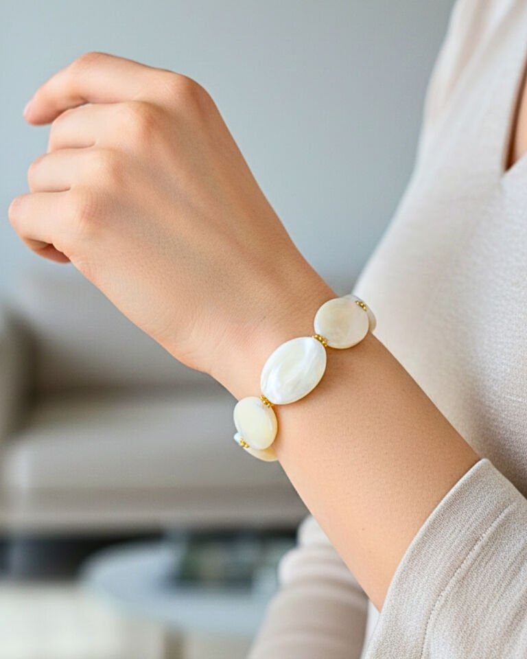 Selen Sedef Doğal Taş Tasarım Bileklik-1 (925 Ayar Gümüş Üzeri 14K Altın Kaplama)