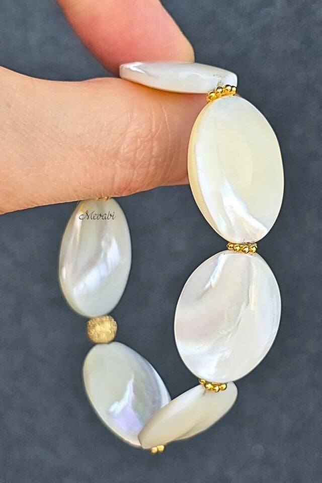 Selen Sedef Doğal Taş Tasarım Bileklik-1 (925 Ayar Gümüş Üzeri 14K Altın Kaplama)