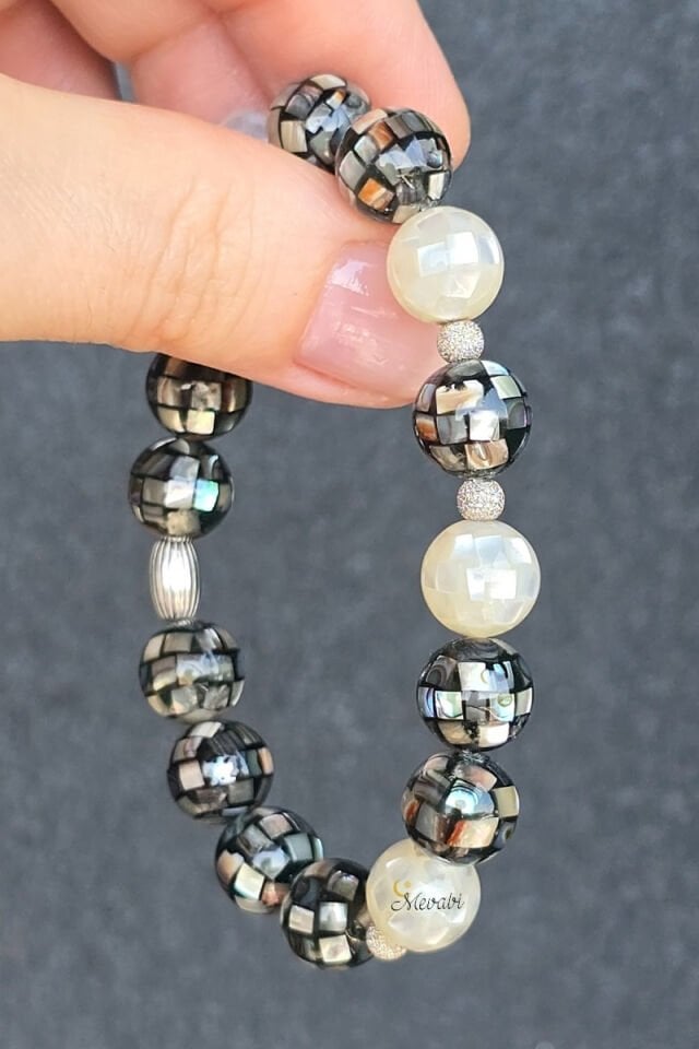 Selen Sedef Doğal Taş Tasarım Bileklik-3 (925 Ayar Gümüş Üzeri 14K Altın Kaplama)