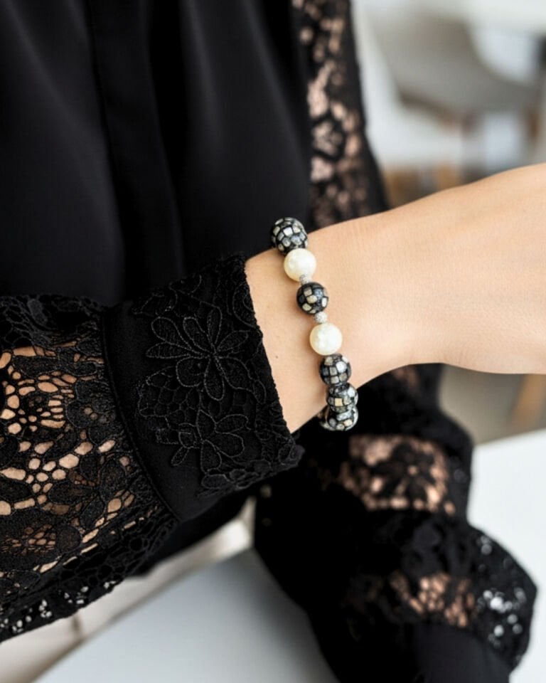 Selen Sedef Doğal Taş Tasarım Bileklik-3 (925 Ayar Gümüş Üzeri 14K Altın Kaplama)