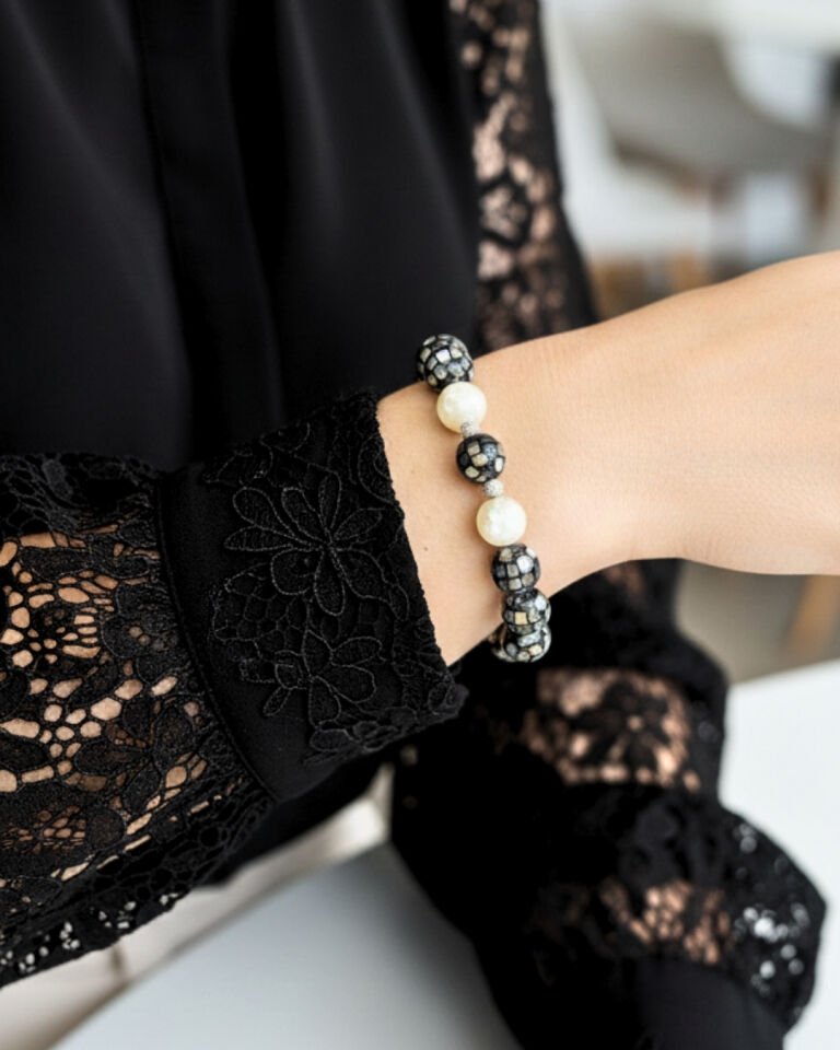 Selen Sedef Doğal Taş Tasarım Bileklik-3 (925 Ayar Gümüş Üzeri 14K Altın Kaplama)