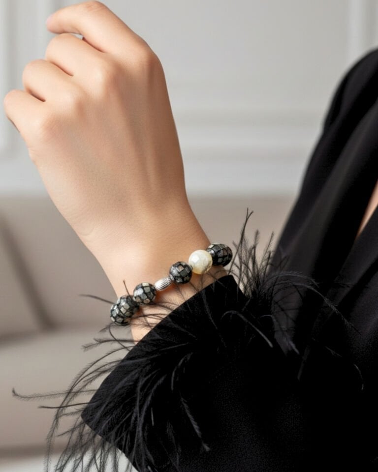 Selen Sedef Doğal Taş Tasarım Bileklik-3 (925 Ayar Gümüş Üzeri 14K Altın Kaplama)