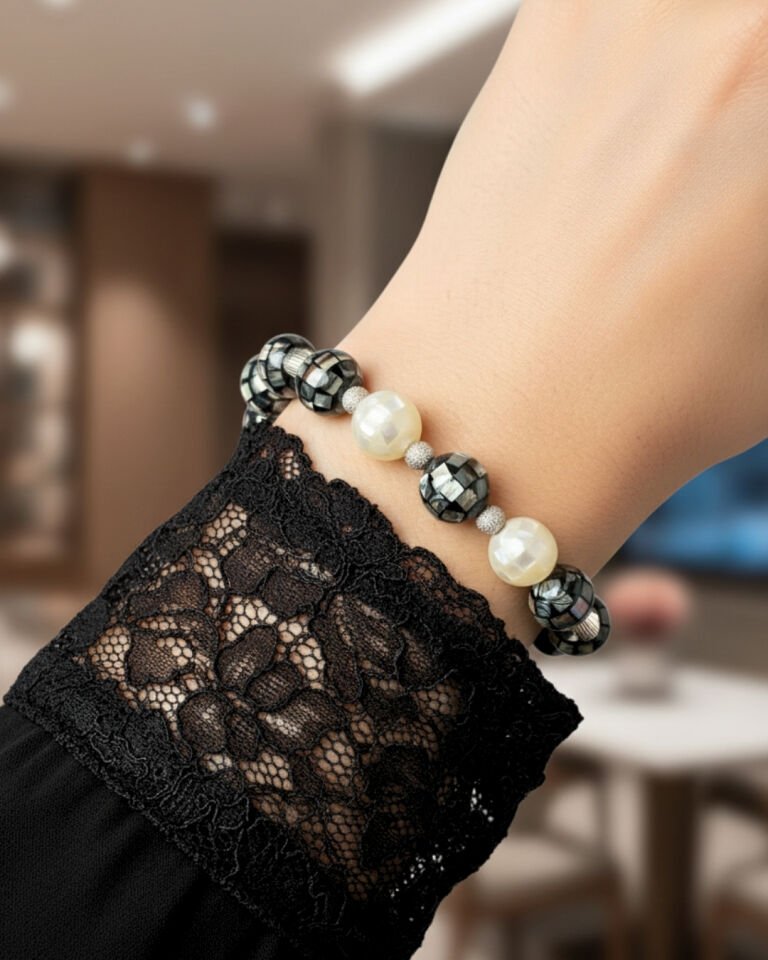 Selen Sedef Doğal Taş Tasarım Bileklik-3 (925 Ayar Gümüş Üzeri 14K Altın Kaplama)