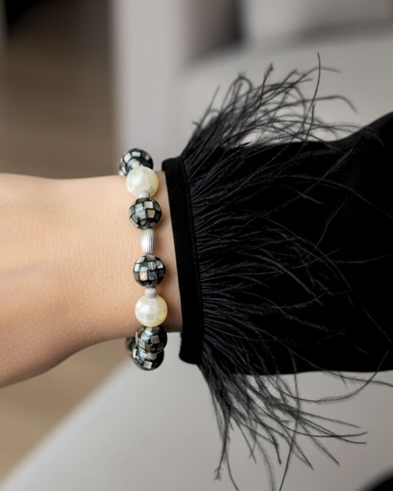 Selen Sedef Doğal Taş Tasarım Bileklik-3 (925 Ayar Gümüş Üzeri 14K Altın Kaplama)