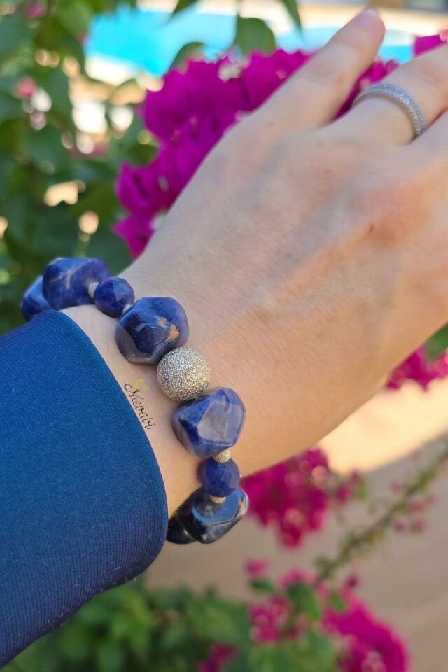 Azura Sodalit Doğal Taş Tasarım Bileklik-1 (925 Ayar Gümüş)