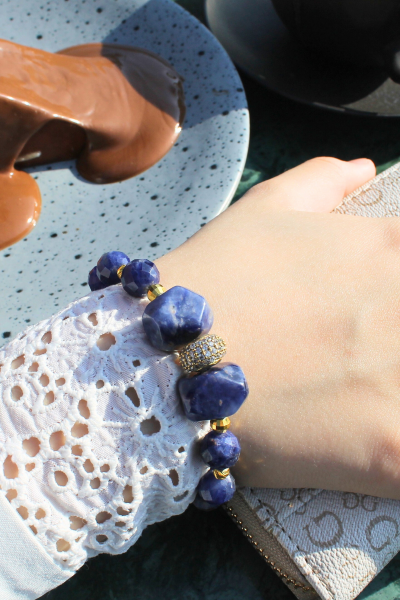 Azura Sodalit Doğal Taş Tasarım Bileklik-2 (925 Ayar Gümüş Üzeri 14K Altın Kaplama)