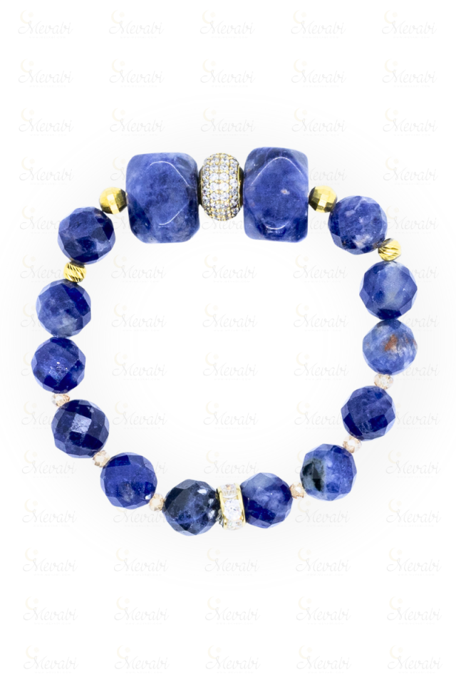 Azura Sodalit Doğal Taş Tasarım Bileklik-2 (925 Ayar Gümüş Üzeri 14K Altın Kaplama)