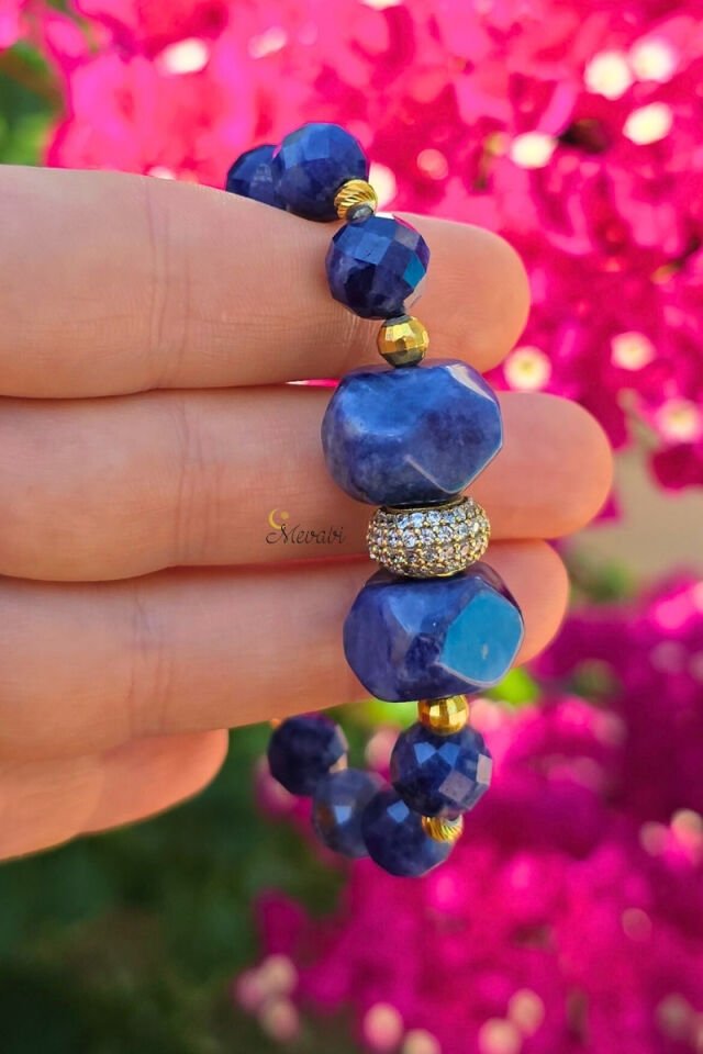 Azura Sodalit Doğal Taş Tasarım Bileklik-2 (925 Ayar Gümüş Üzeri 14K Altın Kaplama)