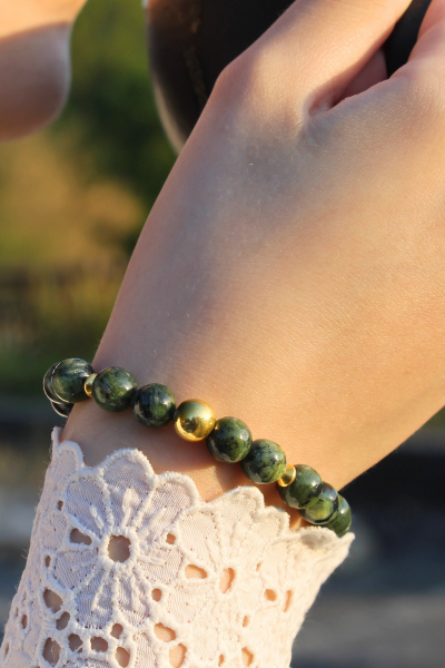 Zoe Kanada Yeşim Doğal Taş Tasarım Bileklik-1 (925 Ayar Gümüş Üzeri 14K Altın Kaplama)