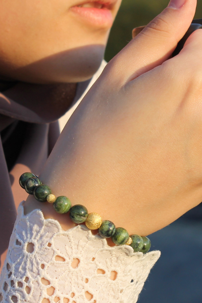 Zoe Kanada Yeşim Doğal Taş Tasarım Bileklik-1 (925 Ayar Gümüş Üzeri 14K Altın Kaplama)