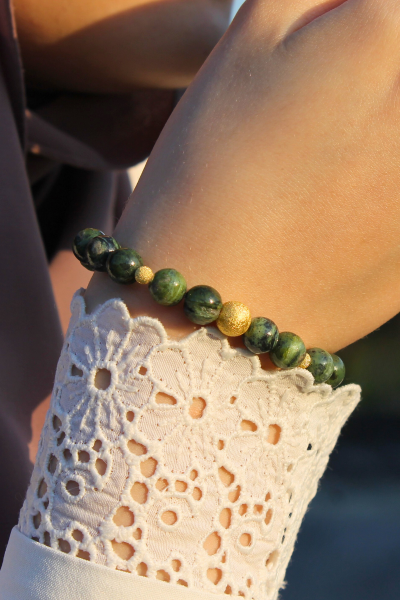 Zoe Kanada Yeşim Doğal Taş Tasarım Bileklik-1 (925 Ayar Gümüş Üzeri 14K Altın Kaplama)