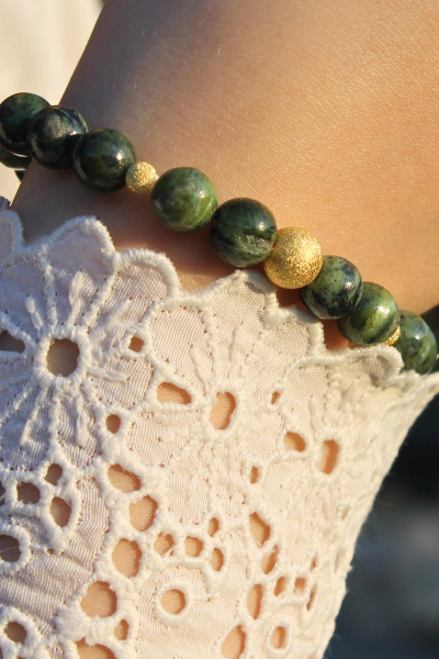 Zoe Kanada Yeşim Doğal Taş Tasarım Bileklik-1 (925 Ayar Gümüş Üzeri 14K Altın Kaplama)