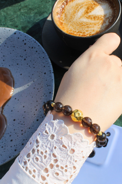 Karla Dumanlı Kuvars Doğal Taş Tasarım Bileklik-1 (925 Ayar Gümüş Üzeri 14K Altın Kaplama)