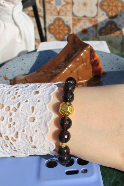 Karla Dumanlı Kuvars Doğal Taş Tasarım Bileklik-1 (925 Ayar Gümüş Üzeri 14K Altın Kaplama)