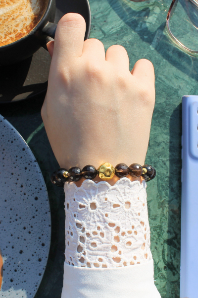 Karla Dumanlı Kuvars Doğal Taş Tasarım Bileklik-1 (925 Ayar Gümüş Üzeri 14K Altın Kaplama)