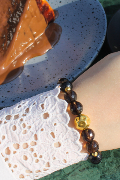 Karla Dumanlı Kuvars Doğal Taş Tasarım Bileklik-1 (925 Ayar Gümüş Üzeri 14K Altın Kaplama)