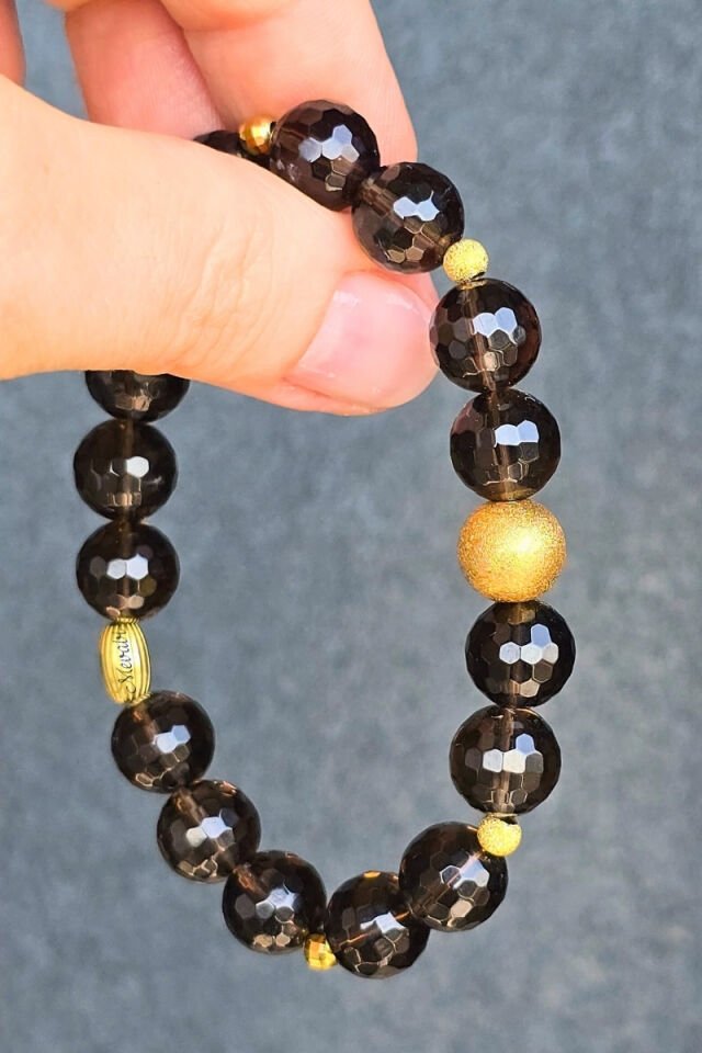 Karla Dumanlı Kuvars Doğal Taş Tasarım Bileklik-2 (925 Ayar Gümüş Üzeri 14K Altın Kaplama)