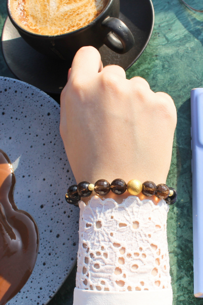 Karla Dumanlı Kuvars Doğal Taş Tasarım Bileklik-2 (925 Ayar Gümüş Üzeri 14K Altın Kaplama)