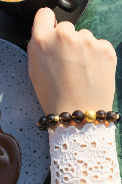 Karla Dumanlı Kuvars Doğal Taş Tasarım Bileklik-2 (925 Ayar Gümüş Üzeri 14K Altın Kaplama)