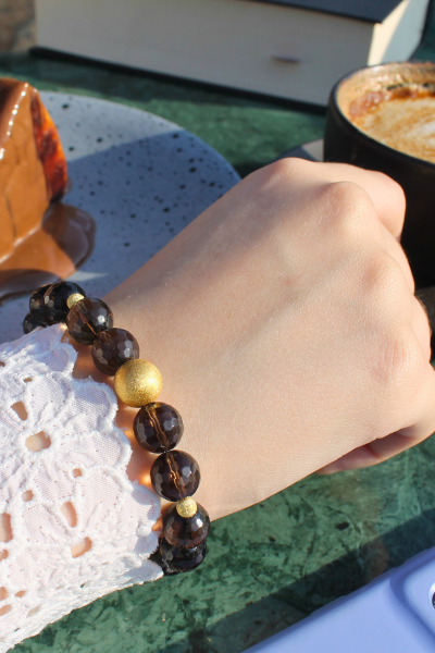 Karla Dumanlı Kuvars Doğal Taş Tasarım Bileklik-2 (925 Ayar Gümüş Üzeri 14K Altın Kaplama)