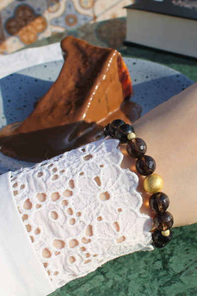 Karla Dumanlı Kuvars Doğal Taş Tasarım Bileklik-2 (925 Ayar Gümüş Üzeri 14K Altın Kaplama)