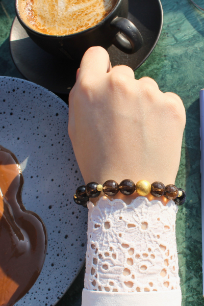 Karla Dumanlı Kuvars Doğal Taş Tasarım Bileklik-2 (925 Ayar Gümüş Üzeri 14K Altın Kaplama)