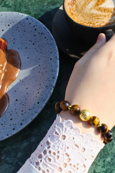 Berşan Kaplan Gözü Doğal Taş Tasarım Bileklik-69 (925 Ayar Gümüş Üzeri 14K Altın Kaplama)