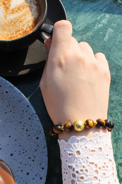 Berşan Kaplan Gözü Doğal Taş Tasarım Bileklik-69 (925 Ayar Gümüş Üzeri 14K Altın Kaplama)