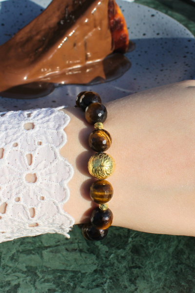 Berşan Kaplan Gözü Doğal Taş Tasarım Bileklik-69 (925 Ayar Gümüş Üzeri 14K Altın Kaplama)